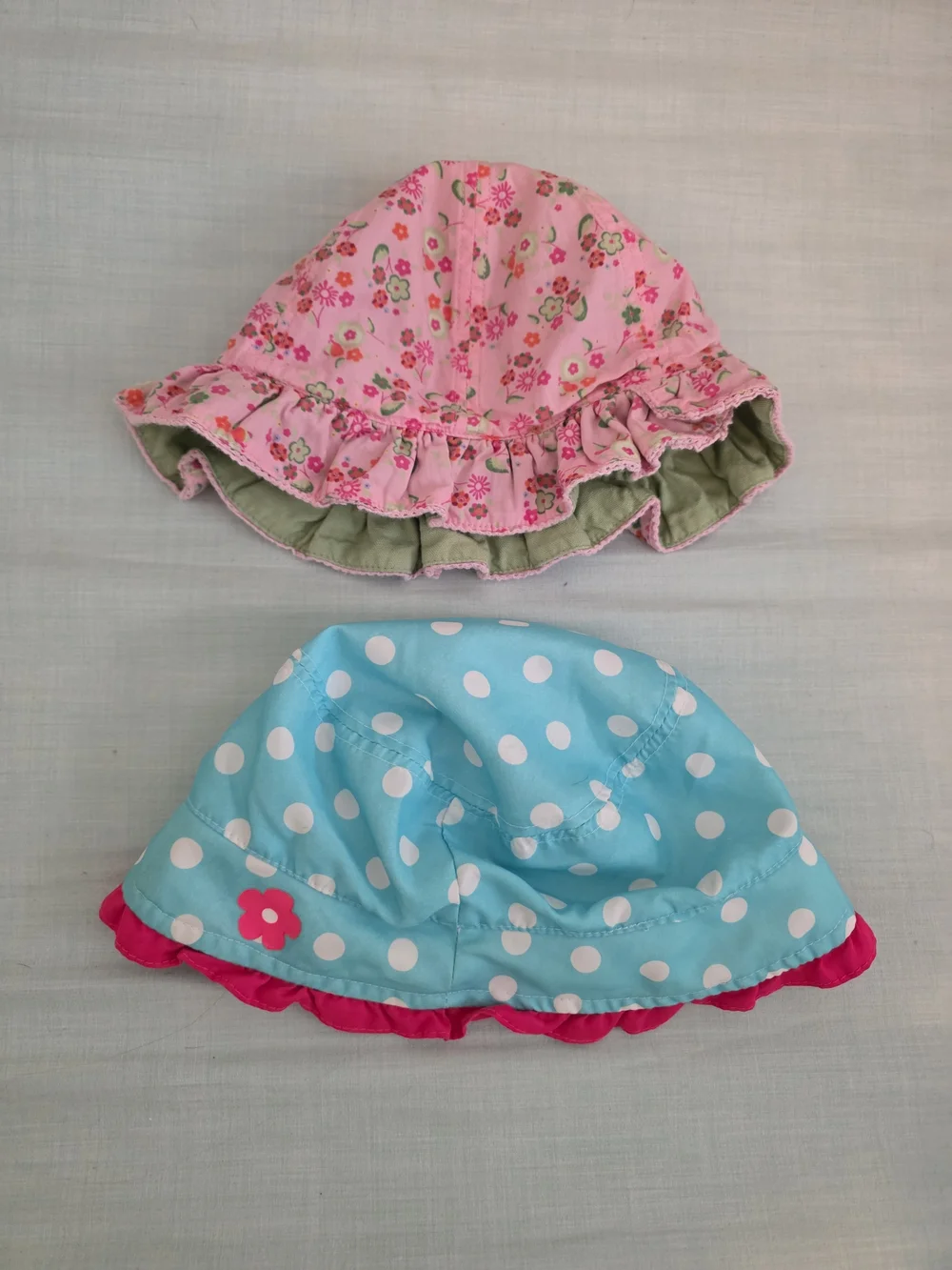 Vintage-Set of 2 Baby Girl Sun Hats — Pink Floral & Blue Polka Dot